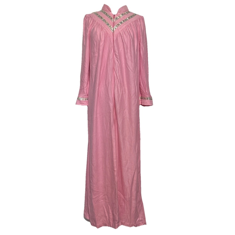 Vintage Meriville Pink Housecoat Robe Zip Granny Cottage‎ Floral Satin Trim USA